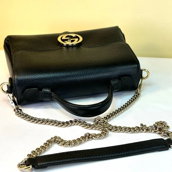 Gucci Interlocking G grained calfskin gold HDW top handle detachable strap COA - Picture 11 of 17